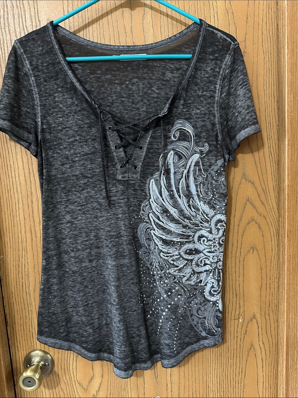 Maurices Charcoal Gray Lace-Up V-Neck Tee with Wing Graphic